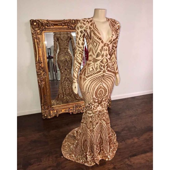 Champagne Sequins V-neck Long Sleevess Mermaid Prom Dresses