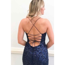 Hot Dark Navy Blue Spaghetti Strap Sparkle Sequin Sheath Prom Dresses with High Split