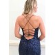 Hot Dark Navy Blue Spaghetti Strap Sparkle Sequin Sheath Prom Dresses with High Split