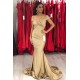 New Off-the-Shoulder Stretch Satin Plicated V-neck Floor Length Prom Dresses Mermaid Sleeveless Champagne Evening Gowns