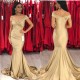 New Off-the-Shoulder Stretch Satin Plicated V-neck Floor Length Prom Dresses Mermaid Sleeveless Champagne Evening Gowns