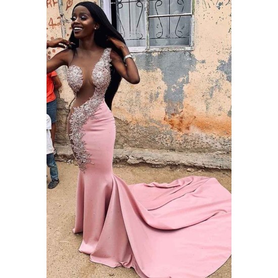 Chic Jewel Lace Appliques Mermaid Long Prom Dresses With Court Train Sheer Sleeveless Long Evening Gowns