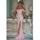Shiny Sequins Pink Prom Dresses With Slit Off-the-Shoulder Chic Evening Gowns With Buttons