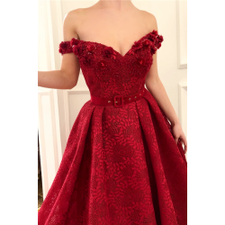 Off-the-Shoulder Ruby Lace Evening Dresses Chic Beading Appliques Flowers Prom Dresses