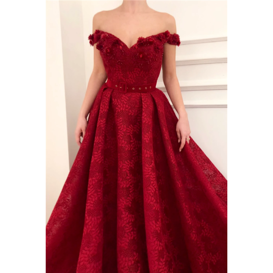 Off-the-Shoulder Ruby Lace Evening Dresses Chic Beading Appliques Flowers Prom Dresses