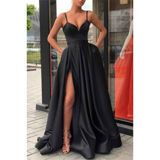 Alluring Black Spaghetti Strap Side Slit Prom Dresses Sleeveless Evening Dresses with Pocket