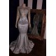 Elegant Appliques Sheer Tulle Prom Dresses Sliver Long Sleevess Mermaid Evening Gowns