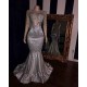 Elegant Appliques Sheer Tulle Prom Dresses Sliver Long Sleevess Mermaid Evening Gowns