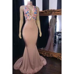 Pink Flowers Appliques Mermaid Long Prom Dresses Gorgeous Sleeveless V-Neck Evening Gowns