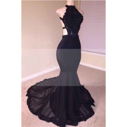Chic Black Open Back Lace Prom Dresses Sleeveless See Through Tulle Evening Gown