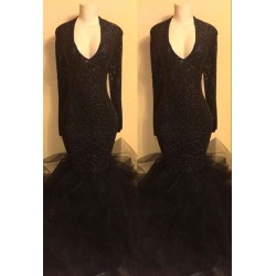 Chic black sequins prom dress, ruffles evening dress