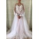 Chic See Through Tulle Lace Appliques Evening Gowns Chic Bubble Sleeves Long Prom Dresses