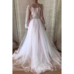 Chic See Through Tulle Lace Appliques Evening Gowns Chic Bubble Sleeves Long Prom Dresses