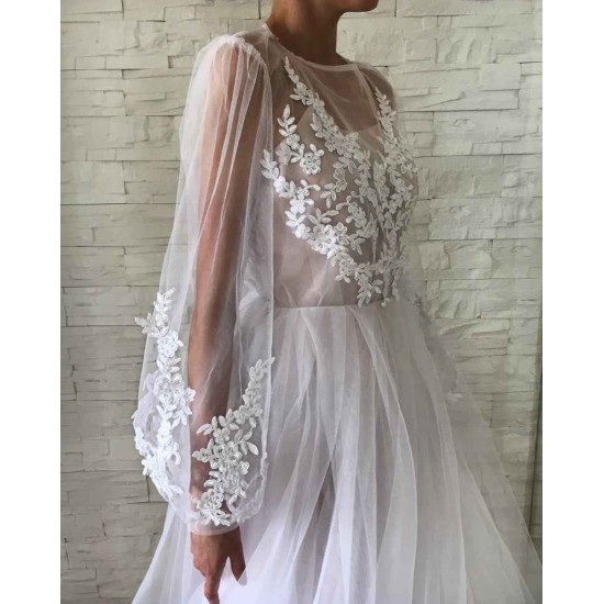 Chic See Through Tulle Lace Appliques Evening Gowns Chic Bubble Sleeves Long Prom Dresses