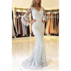 Classic V-Neck Bell Sleeves Prom Dresses Lace Appliques Mermaid Evening Dresses