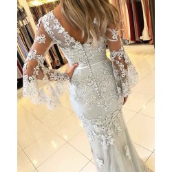Classic V-Neck Bell Sleeves Prom Dresses Lace Appliques Mermaid Evening Dresses
