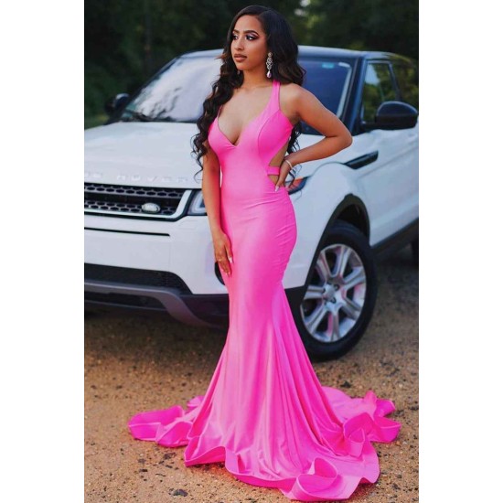 Sleeveless Hot pink Criss-cross back Mermaid Long Train Prom Dresses