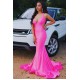 Sleeveless Hot pink Criss-cross back Mermaid Long Train Prom Dresses