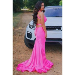 Sleeveless Hot pink Criss-cross back Mermaid Long Train Prom Dresses