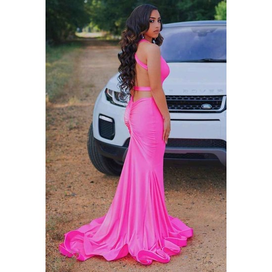 Sleeveless Hot pink Criss-cross back Mermaid Long Train Prom Dresses