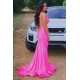 Sleeveless Hot pink Criss-cross back Mermaid Long Train Prom Dresses