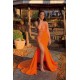 See Through Sleeveless Front Slit Brush Train Appliques Mermaid Prom Gowns