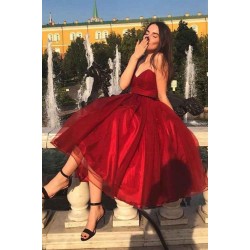 Chic Strapless Red Tea Length Prom Party Gowns| Chic Sweetheart Sleeveless Prom Gown