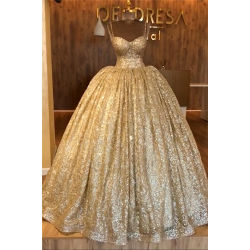Spaghetti Straps Gold Beaded Lace Evening Dress Luxurious Ball Gown Princess Open Back Prom Party Gowns