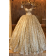 Spaghetti Straps Gold Beaded Lace Evening Dress Luxurious Ball Gown Princess Open Back Prom Party Gowns