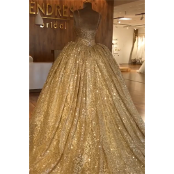 Spaghetti Straps Gold Beaded Lace Evening Dress Luxurious Ball Gown Princess Open Back Prom Party Gowns