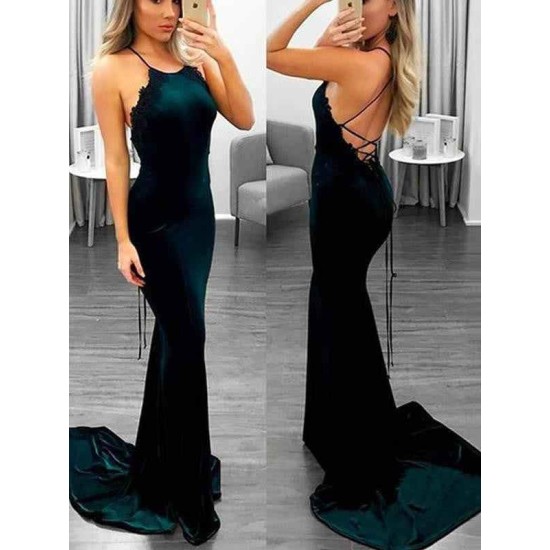 Alluring Elegant Lace Up Halter Applique Sleeveless Prom Dresses Chic Mermaid Popular Evening Dresses