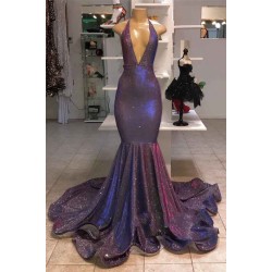Chic Deep V-Neck Sleeveless Prom Dresses New Arrival Halter Memaiad Sequins Evening Gowns