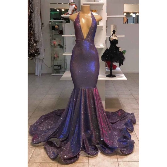 Chic Deep V-Neck Sleeveless Prom Dresses New Arrival Halter Memaiad Sequins Evening Gowns