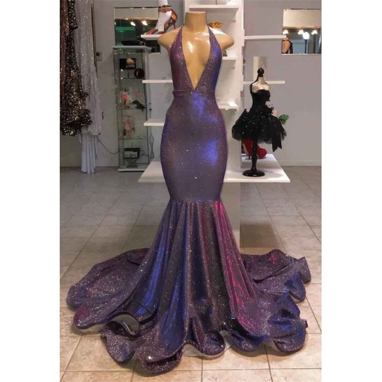 Chic Deep V-Neck Sleeveless Prom Dresses New Arrival Halter Memaiad Sequins Evening Gowns