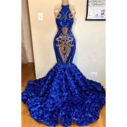 New Arrival Royal Blue Halter Mermaid Prom Dresses Gorgeous Sleeveless Flowers Long Evening Gowns