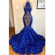 New Arrival Royal Blue Halter Mermaid Prom Dresses Gorgeous Sleeveless Flowers Long Evening Gowns
