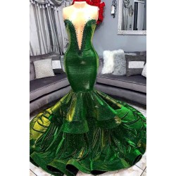 Green Gorgeous Ruffles Mermaid Prom Dresses Chic Sweetheart Appliques Long Evening Dresses