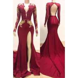 Deep V-neck Long Sleevess Lace Appliques Split Mermaid Evening Gowns