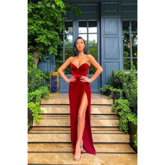 Velvet Sweetheart Front Split Evening Dress Sleeveless Prom Party Gowns