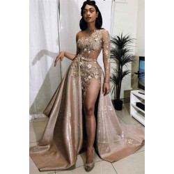 Chic One Shoulder Lace Appliques Prom Dresses With Over Skirt Round Neck Evening Gowns
