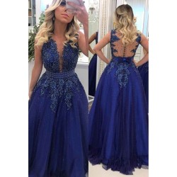 Elegant V-neck Lace Appliques Sleeveless Prom Dresses With Bowknot Beads Waistband Royal Blue Floor Length Beading Evening Gowns