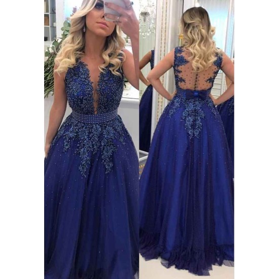 Elegant V-neck Lace Appliques Sleeveless Prom Dresses With Bowknot Beads Waistband Royal Blue Floor Length Beading Evening Gowns