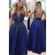 Elegant V-neck Lace Appliques Sleeveless Prom Dresses With Bowknot Beads Waistband Royal Blue Floor Length Beading Evening Gowns