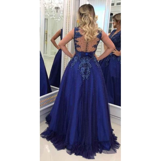 Elegant V-neck Lace Appliques Sleeveless Prom Dresses With Bowknot Beads Waistband Royal Blue Floor Length Beading Evening Gowns