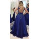 Elegant V-neck Lace Appliques Sleeveless Prom Dresses With Bowknot Beads Waistband Royal Blue Floor Length Beading Evening Gowns