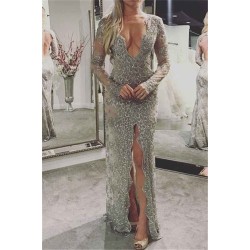 Silver Chic V-neck Lace Prom Dresses Elegant Long Sleevess Open Back Front Split Long Evening Dress