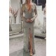 Silver Chic V-neck Lace Prom Dresses Elegant Long Sleevess Open Back Front Split Long Evening Dress