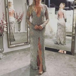 Silver Chic V-neck Lace Prom Dresses Elegant Long Sleevess Open Back Front Split Long Evening Dress