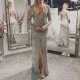 Silver Chic V-neck Lace Prom Dresses Elegant Long Sleevess Open Back Front Split Long Evening Dress