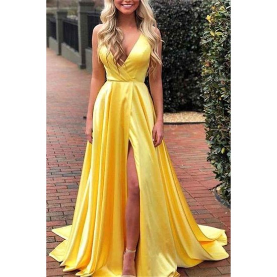 Spaghetti Strap Shiny Royal Blue Prom Party Gowns with High Split Chic V-neck Princess Evening dress On Sale
